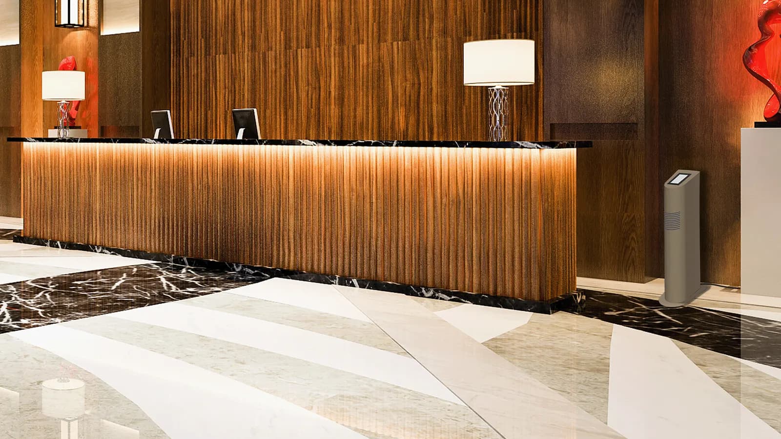 Luxury hotel lobby interior with warm lighting, illustrating a hospitality signature scent environment
